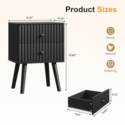 Wooden Nightstand with 2 Drawers, Fluted Night Stand Set of 2, Morden Side Table for Bedroom, Living Room and Small Space, Black