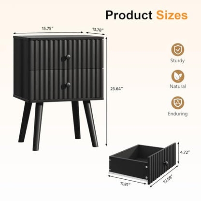 Wooden Nightstand with 2 Drawers, Fluted Night Stand Set of 2, Morden Side Table for Bedroom, Living Room and Small Space, Black