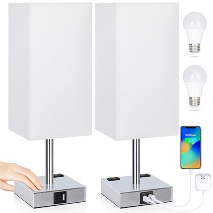 Set of 2 Bedside Table Lamp 3 Way Dimmable Nightstand Lamp with USB C & USB A Charging Port, 2 AC Outlets, 3000K LED Bulbs (White) - color: White