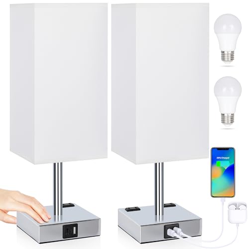 Set of 2 Bedside Table Lamp 3 Way Dimmable Nightstand Lamp with USB C & USB A Charging Port, 2 AC Outlets, 3000K LED Bulbs (White) - color: White