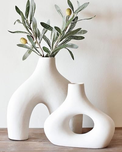 Carrot's Den Donut Vase, Set of 2 - White Large Ceramic Vase - Minimalist Nordic, Hollow | Table Centerpiece, Olive Plant, Wedding, Living Room, Bookshelf, Office, Modern Home, Entryway, Console - color: Warm White