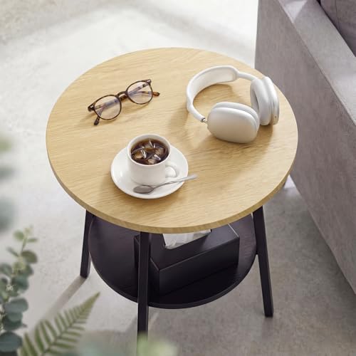 Small Round Side Table, End Tables Living Room, Oak | 2-Tier Side Table with Storage Shelf for Small Spaces, Bedside Accent Table for Living Room, Bedroom, Metal Frame & Wood Top - color: Oak