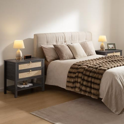 SICOTAS 26.7" Wide Rattan Nightstand with 2 Drawers & Open Shelf End Table | Large Night Stand with Storage Shelf, Coastal Boho Bedside Table for King Bed, Bedroom, Guest Room, Apartment, and End Table - color: Obsidian