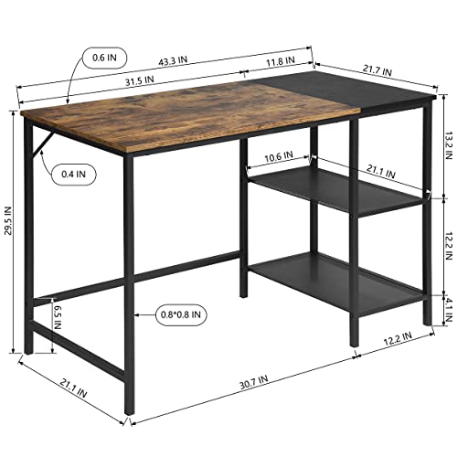 FurnitureR 43" Industrial Computer Desk with 2-Tier Metal Mesh Shelves, Home Office Writing Table with Storage, Sturdy Steel Frame & Rustic Wood Desktop for Study, Workstation, Gaming, Small Spaces