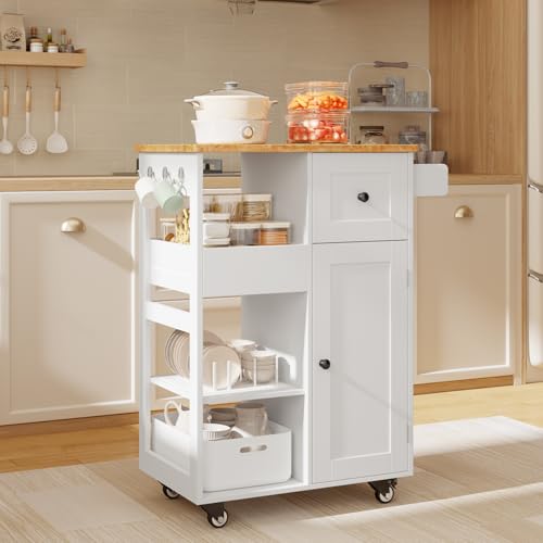Gizoon Kitchen Island Cart on Wheels, Rolling Serving Utility Cart with Drawers and Doors, Bar Cart with Adjustable Shelf and Removable Tray for Dining Room, White, Tabletop-Oak Color - color: White & Tabletop-oak Color