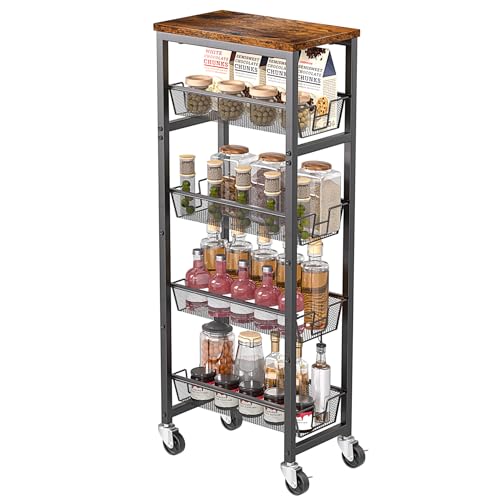Slim Rolling Cart, 4-Tier Storage Cart, 9.1inch Narrow Kitchen Rolling Cart on Wheels for Small Space, Utility Cart Shelving Unit with Wooden Top and Metal Handle for Kitchen, Bathroom, Laundry Room - size: 4 Tiers (9.1"D x 30.3"H)
