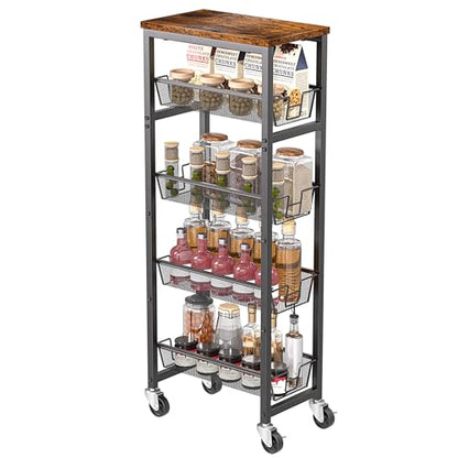 Slim Rolling Cart, 4-Tier Storage Cart, 9.1inch Narrow Kitchen Rolling Cart on Wheels for Small Space, Utility Cart Shelving Unit with Wooden Top and Metal Handle for Kitchen, Bathroom, Laundry Room - size: 4 Tiers (9.1"D x 30.3"H)