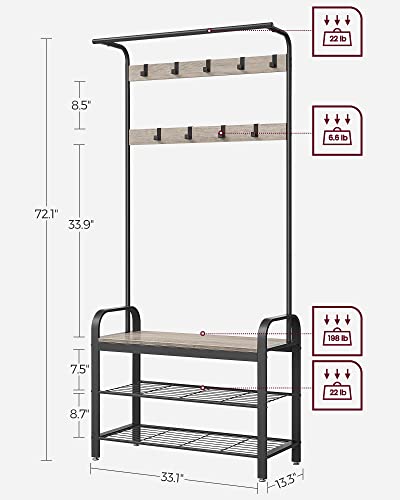 VASAGLE Coat Rack, Hall Tree with Shoe Bench for Entryway, Entryway Bench with Coat Rack, 4-in-1, with 9 Removable Hooks, a Hanging Rod, 13.3 x 33.1 x 72.1 Inches, Greige and Black UHSR400B02 - color: Greige + Black, size: 33.1"W