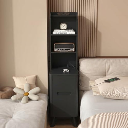 Tall Nightstand with Charging Station, Narrow Side Table with Bookshelf | 47" Tall Free Standing Wooden Night stand with 2 Drawers and 4 Open-Shelves, Modern End Bedside Table for Bedroom, Black - color: Black, size: Tall (2 drawer)
