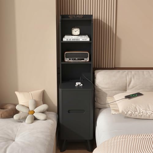 Tall Nightstand with Charging Station, Narrow Side Table with Bookshelf | 47" Tall Free Standing Wooden Night stand with 2 Drawers and 4 Open-Shelves, Modern End Bedside Table for Bedroom, Black - color: Black, size: Tall (2 drawer)
