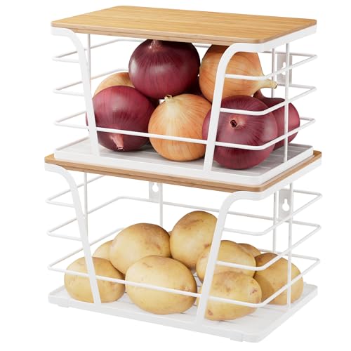 TIDIIABODE 2 Pack Kitchen Organization for Onions,Potatoes - Fruit Basket for Kitchen Counter & Storage Basket,Stackable Storage Bins with Bamboo Top & Lightweight PP Mat,White - color: 2 Pack-L&M-White