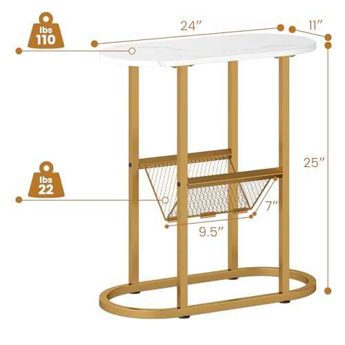 Tangkula Oval Narrow Side Table, 2-Tier End Table with Mesh Magazine Rack, Steel Frame, Industrial Nightstand, Compact Sofa Bedside Table for Living Room Bedroom, White & Gold - color: White & Gold