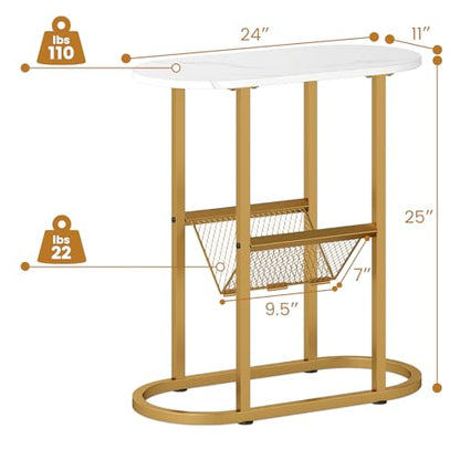 Tangkula Oval Narrow Side Table, 2-Tier End Table with Mesh Magazine Rack, Steel Frame, Industrial Nightstand, Compact Sofa Bedside Table for Living Room Bedroom, White & Gold - color: White & Gold