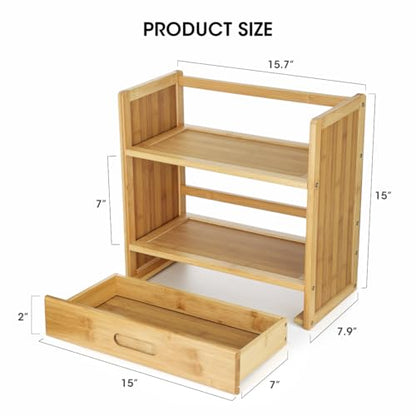 AIEVE Matcha Station Organizer, 2-Tier Bamboo Shelf with Hidden Drawer, Coffee Station Organizer Mug Holder Shelf for Matcha Whisk Set Bowl Cup Scoop Sifter