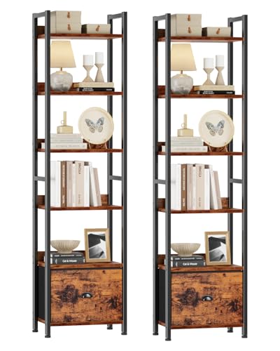 Furologee Book Shelf Set of 2, 6 Tier Tall Shelf with Drawer, Bookshelves and Bookcases Set of 2, Industrial Display Shelving Unit for Bedroom, Living Room, Home Office, Rustic Brown - color: Rustic Brown, size: 6 Tier-2 PCS
