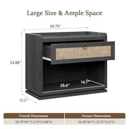 31" Wide Rattan Nightstand with Charging Station, End Side Table | Drawer & Open Shelf, Extra Large Night Stand, Farmhouse, Boho, Wood Bedside Table for Bedroom,Living Room,Office - color: Obsidian
