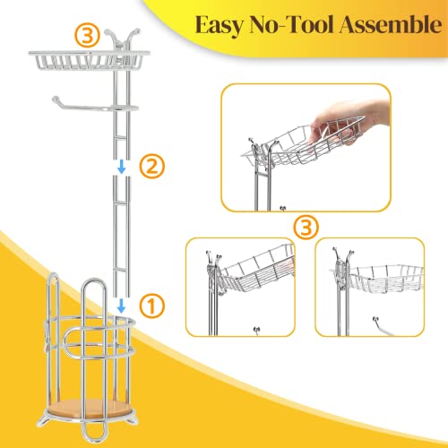 Toilet Paper Holder Stand, Free Standing Tissue Roll Storage Rack with Shelf for Bathroom, Chrome - color: Chrome With Bamboo