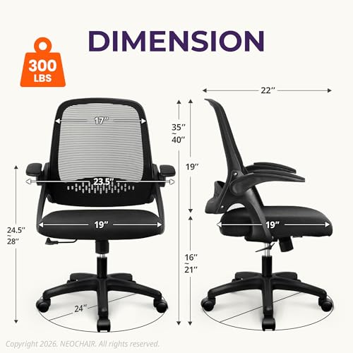 NEO CHAIR Office Desk Chair Computer Gaming Ergonomic Lumbar Back Support with Flip-up Padded Armrest Adjustable Height and Wheels for Home Vanity Bedroom Study (All Black) - color: All Black