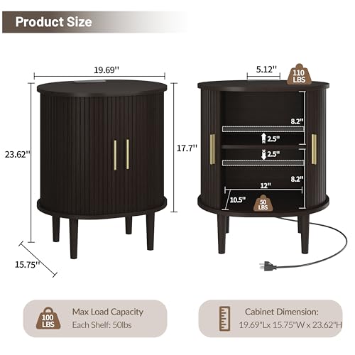 DHH Mid Century Modern Nightstand with Charging Station, Fluted Accent Side Table with Sliding Door & Adjustable Shelf, End Table for Small Space, Living Room, Bedroom,Sofa Couch(1, Dark Walnut) - color: Dark Walnut