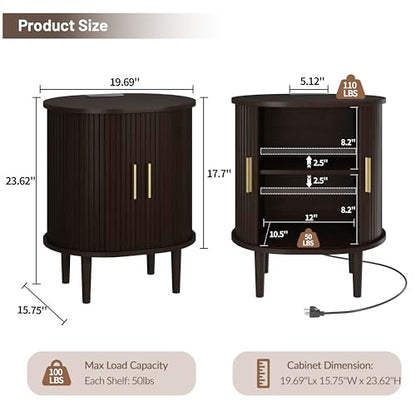 DHH Mid Century Modern Nightstand with Charging Station, Fluted Accent Side Table with Sliding Door & Adjustable Shelf, End Table for Small Space, Living Room, Bedroom,Sofa Couch(1, Dark Walnut) - color: Dark Walnut