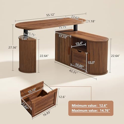 55" L Shaped Standing Desk with Storage, Oval Electric Desk Height Adjustable Executive Desk with File Drawer, Fluted Wood Desk Office Sit Stand up Desk for Work, Study, Writing, Walnut - color: 55'' L Shape Walnut