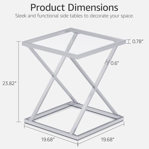 Square End Table with Tempered Glass Top, Stylish X-Shaped Metal Frame, Living Room Coffee Table, Sofa Side Table, Accent Tables for Small Spaces, Modern Bedside Table for Bedroom (Silver) - color: Silver, style: Style 3