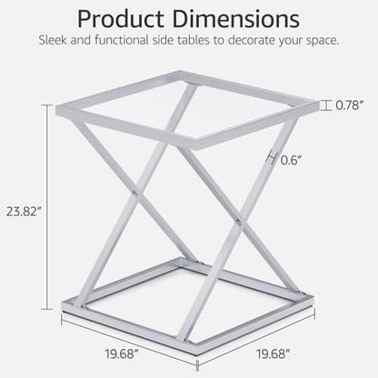 Square End Table with Tempered Glass Top, Stylish X-Shaped Metal Frame, Living Room Coffee Table, Sofa Side Table, Accent Tables for Small Spaces, Modern Bedside Table for Bedroom (Silver) - color: Silver, style: Style 3