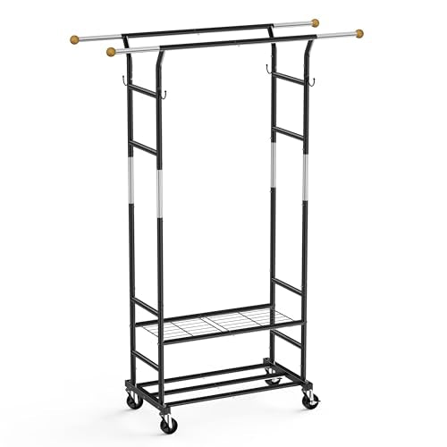 Clothes Rack with 3-Level Height Adjustment - Double Rod Extendable Hanging Rails with Wooden Finials, Luxury 2-Tier Metal Storage Shelves - Sturdy Wardrobe Rack for Closet, Bedroom or Laundry - color: 2-Tier (68.5 H")