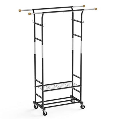 Clothes Rack with 3-Level Height Adjustment - Double Rod Extendable Hanging Rails with Wooden Finials, Luxury 2-Tier Metal Storage Shelves - Sturdy Wardrobe Rack for Closet, Bedroom or Laundry - color: 2-Tier (68.5 H")