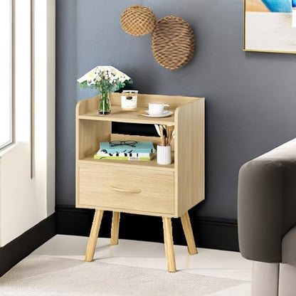 Yoobure Modern Nightstand with Fabric Drawer, Bedside Tables, Mid Century Nightstand with Open Storage Shelf, Wood Bedside Table, Small Night Stands for Bedrooms, 2-Tier Night Table - color: Natural
