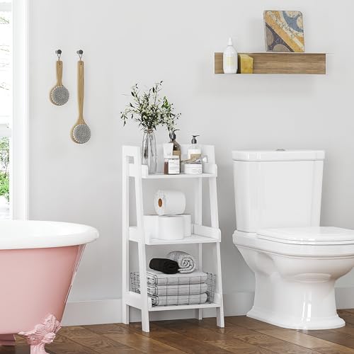 UTEX 3-Tier Ladder Shelf, Bathroom Shelf Freestanding, 3-Shelf Spacesaver Open Wood Shelving Unit, Ladder Shelf (White) - size: 3-Tier