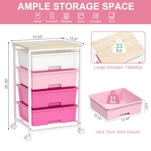 SYKIARIOL Rolling Cart with Drawers, 4-Drawer Utility Cart, Pink | 4 Tier Drawer Cart with Wooden Top for Home Office, Kid Room, Classroom Teacher, Dorm, - color: Dark Pink