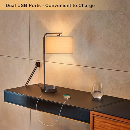Table Lamps Set of 2, Fully Dimmable Bedside Lamp with USB C+A Charging Ports, Modern Nightstand Lamps with Linen Fabric Shades, Tall Desk Lamp for Bedroom, Living Room, Office, LED Bulb Included - color: Brown 2 Pack