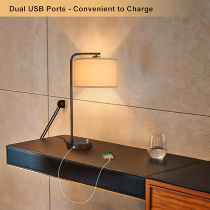 Table Lamps Set of 2, Fully Dimmable Bedside Lamp with USB C+A Charging Ports, Modern Nightstand Lamps with Linen Fabric Shades, Tall Desk Lamp for Bedroom, Living Room, Office, LED Bulb Included - color: Brown 2 Pack