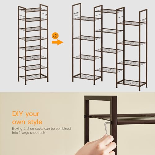 usikey 8 Tiers Narrow Shoe Rack 16-24 Pairs, Sturdy Metal Tall Shoe Rack with 4 Hooks, Slim Shoe Storage Organizer with Metal Shelf, Space Saving Vertical Shoe Shelf for Closet Entryway, Bronze - color: 8 Tier ( 17.9 X 11 X 55.5 Inches)-bronze