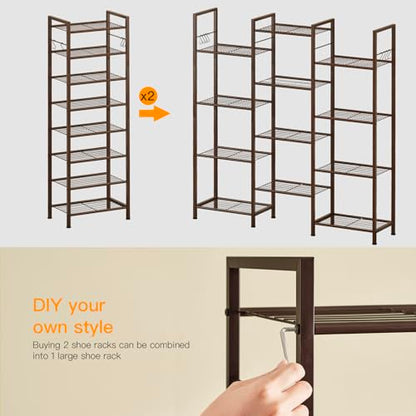 usikey 8 Tiers Narrow Shoe Rack 16-24 Pairs, Sturdy Metal Tall Shoe Rack with 4 Hooks, Slim Shoe Storage Organizer with Metal Shelf, Space Saving Vertical Shoe Shelf for Closet Entryway, Bronze - color: 8 Tier ( 17.9 X 11 X 55.5 Inches)-bronze