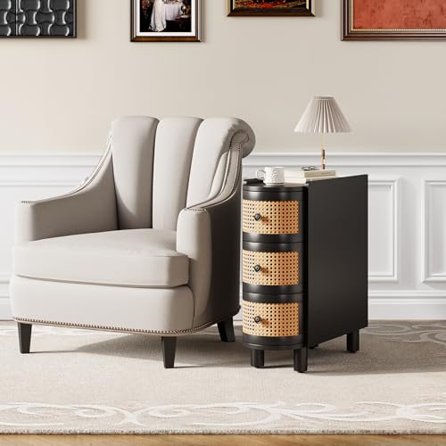 LITTLE TREE Solid Wood End Table, Rattan Narrow Side Table with 3 Drawers | No Assembly Required, Solid Wood Nightstand, Bedside Table for Living Room, Bedroom, Office, Bathroom, Balck - color: Black