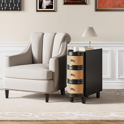 LITTLE TREE Solid Wood End Table, Rattan Narrow Side Table with 3 Drawers | No Assembly Required, Solid Wood Nightstand, Bedside Table for Living Room, Bedroom, Office, Bathroom, Balck - color: Black