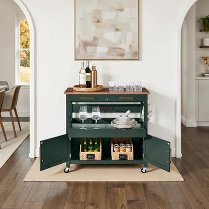 Best Choice Products 36in Large Rolling Kitchen Island Cart, 2-Door Cabinet, 2 Drawers, Pull-Out Shelf, Power Outlet, Hooks, & Swivel Lockable Wheels - Forest Green - style: Forest Green