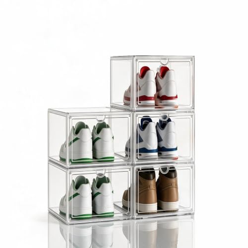 XL Shoe Boxes Clear Plastic Stackable, Extra Large Acylic Display Case, 5 Pack Drop Front Shoe Box with Magnetic Lid,Fit up to Size 15(5 PACK ACYLIC) - color: 5 PACK ACYLIC