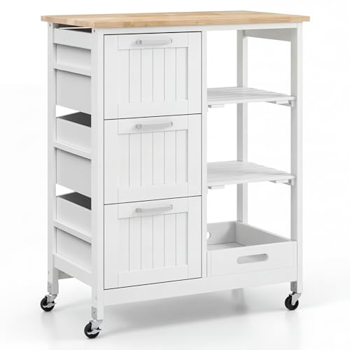 Giantex Kitchen Island Cart on Wheels with Storage, Bar Serving Cart with 3 Deep Drawers, Open Shelves & Removable Tray, Rolling Kitchen Trolley Cart for Home Kitchen, Dining Room, Bar, White - color: White
