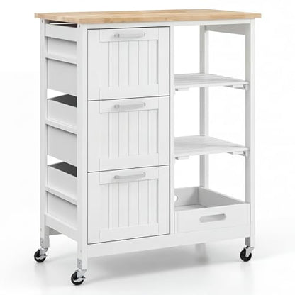 Giantex Kitchen Island Cart on Wheels with Storage, Bar Serving Cart with 3 Deep Drawers, Open Shelves & Removable Tray, Rolling Kitchen Trolley Cart for Home Kitchen, Dining Room, Bar, White - color: White