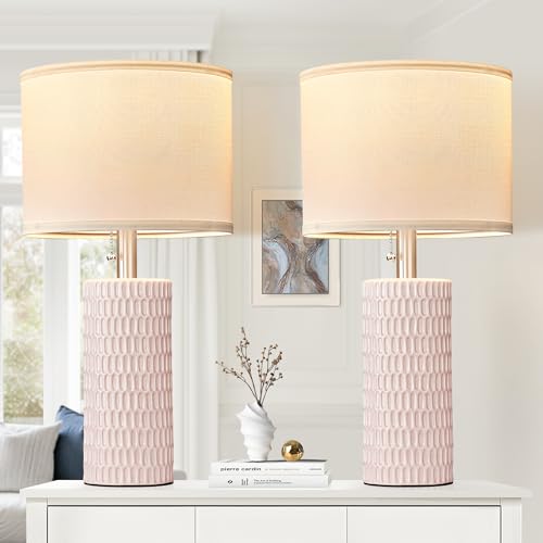 Reaketon Table Lamps for Living Room Set of 2, Ceramic Table Lamps for Bedroom, 20" Modern Lamps for Night Stands, Pink - color: Pink
