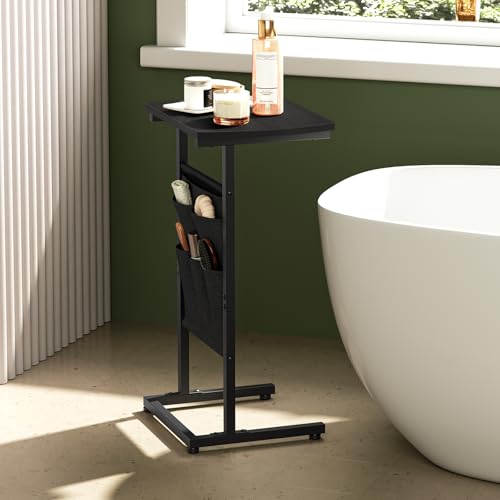 HOOBRO C Shaped End Table, 28.3" Side Table for Small Spaces, Couch Table, Slide Under Sofa Tray Table, Storage Bag, for Living Room, Bedroom, Black BB40SF01 - color: Black