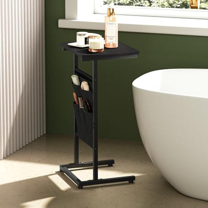 HOOBRO C Shaped End Table, 28.3" Side Table for Small Spaces, Couch Table, Slide Under Sofa Tray Table, Storage Bag, for Living Room, Bedroom, Black BB40SF01 - color: Black