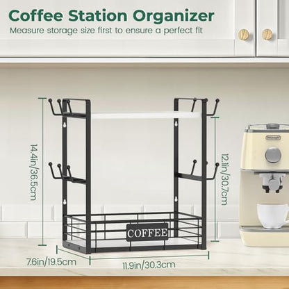 EsLuker.ly Coffee Mug Cup Holder Tree Bar Station Organizer, 2 Tier Mug Stand Rack for Countertop Kitchen, Storage Tower Display Shelf with 12 Hooks, Coffee Nook Enhancer, White-Black - color: White + Black