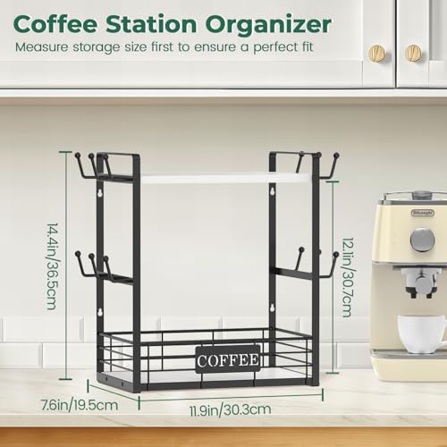 EsLuker.ly Coffee Mug Cup Holder Tree Bar Station Organizer, 2 Tier Mug Stand Rack for Countertop Kitchen, Storage Tower Display Shelf with 12 Hooks, Coffee Nook Enhancer, White-Black - color: White + Black