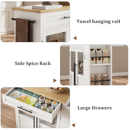 Garvee 36 in Kitchen Island Cart with Solid Wood Top - Farmhouse Mobile Storage Cart with Drawer, 3-Tier Shelves & Locking Wheels for Small Kitchens (White & Natural)