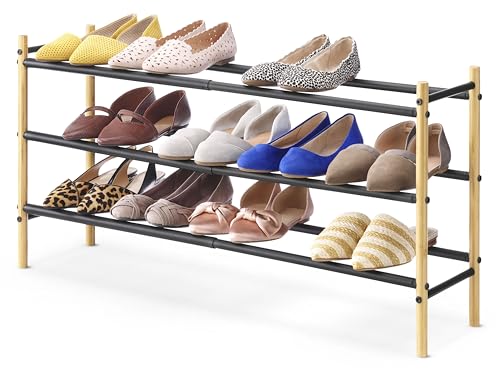 Whitmor 3-Tier Expandable Shoe Rack - Store up to 12 pairs of shoes - Bamboo & Matte Black - color: 3-tier,bamboo & Matte Black