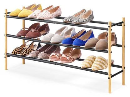 Whitmor 3-Tier Expandable Shoe Rack - Store up to 12 pairs of shoes - Bamboo & Matte Black - color: 3-tier,bamboo & Matte Black